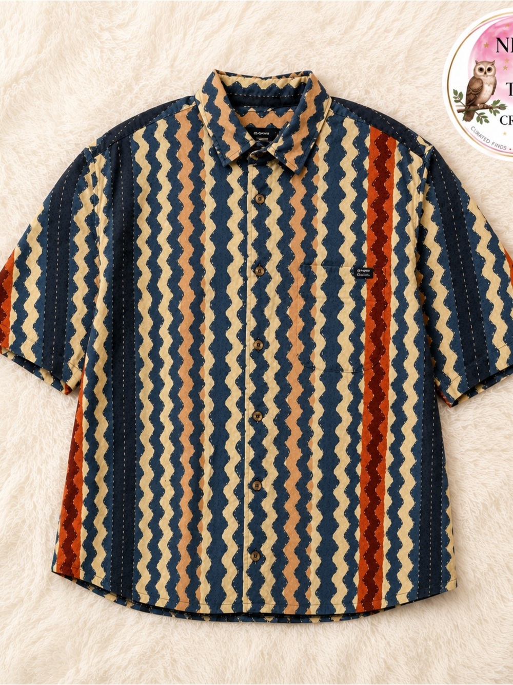Urban Outfitters UO Wavy Earth Print Button Up Shirt Medium Short Sleeve